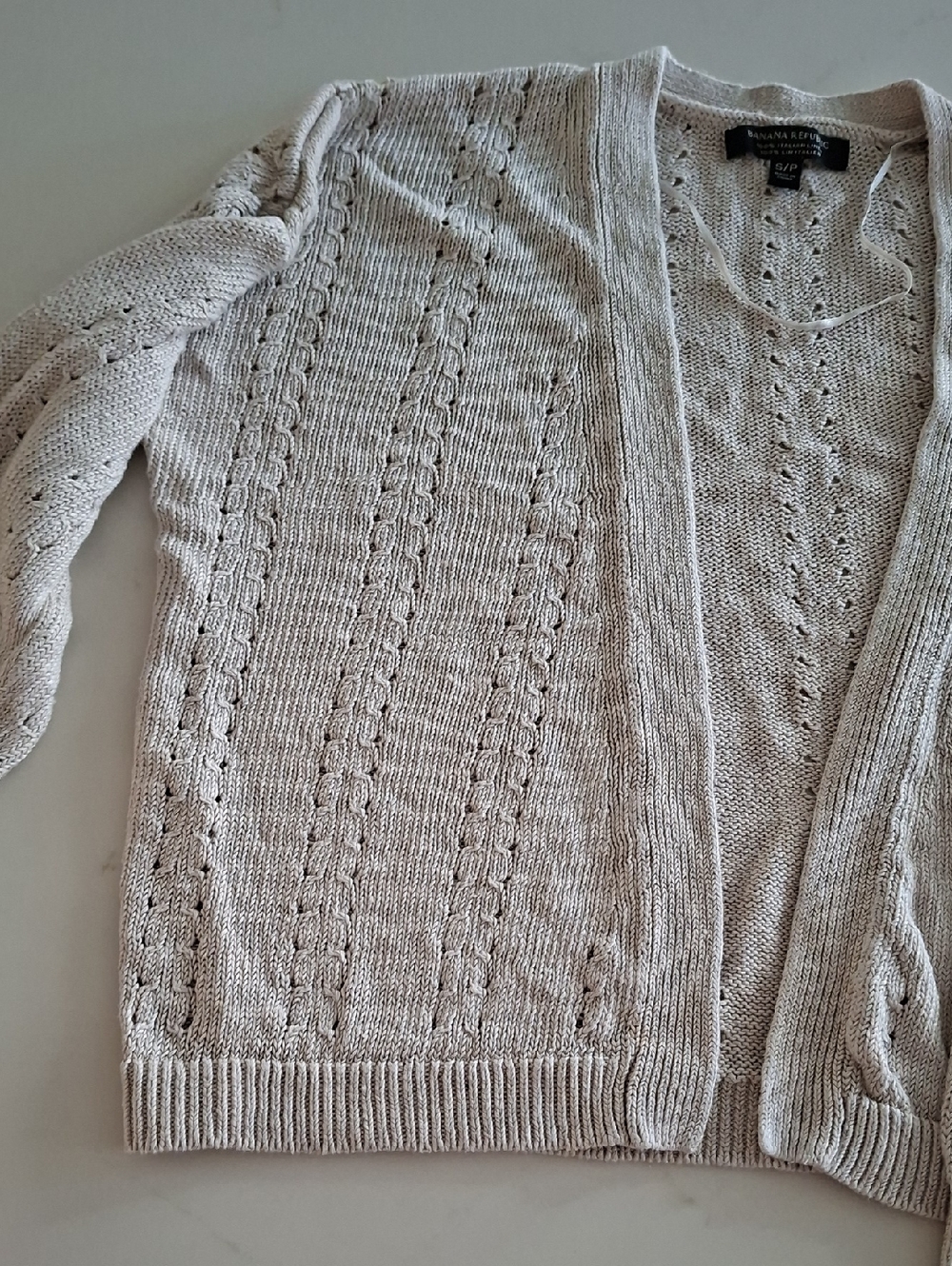 Banana Republic 100% Italian Linen Beige Cable-knit/Open-front Cardigan (Small)